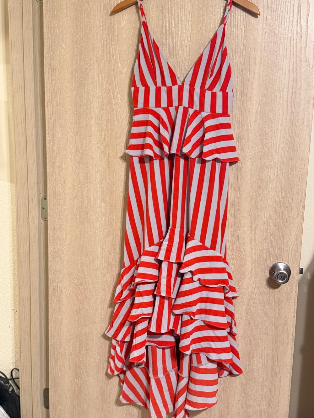 Buddy Love Gray and Red Striped Ruffle Maxi Dress